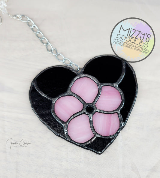 Stained Glass Black and Pink Floral Heart